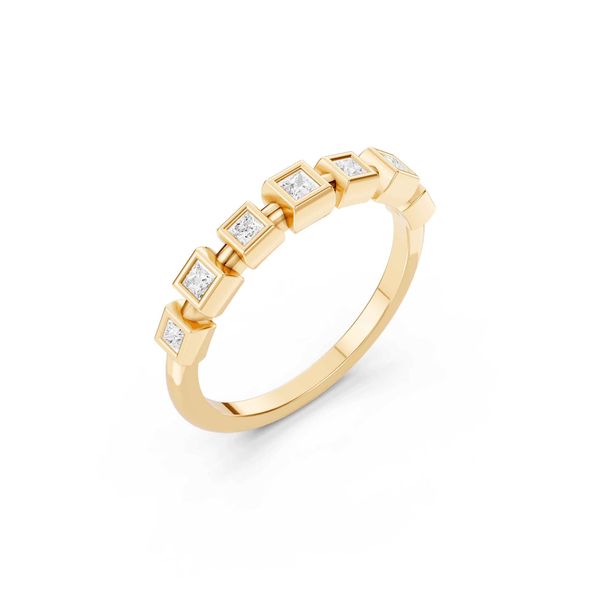 The Alasia engagement ring side profile, showing the princess cut diamond and yellow gold setting