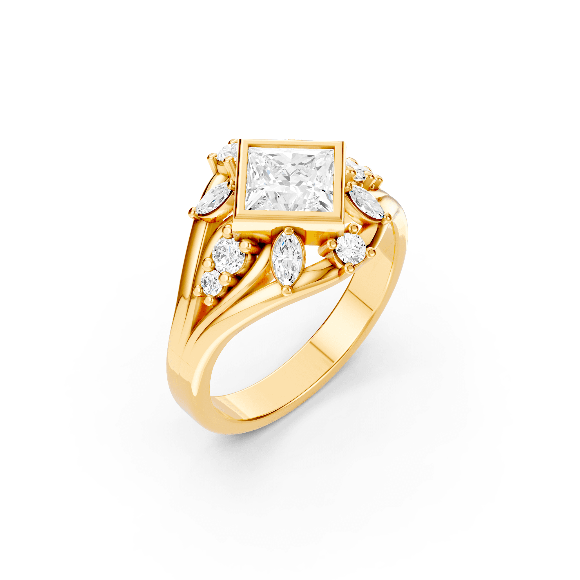 The Lynx engagement ring side profile view, showcasing the 1.25ct princess cut diamond and 18ct yellow gold band